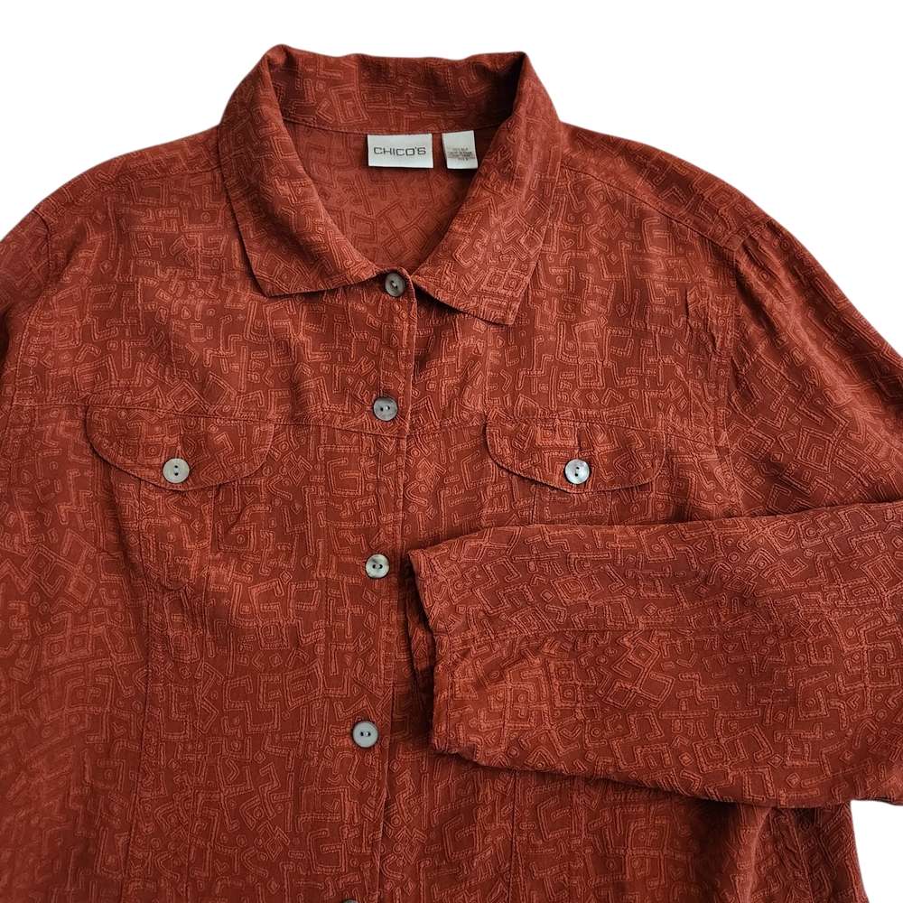 Chico's 100% Silk Embroidered Button Front Blouse Top Women's 3 XL/16 Brown 